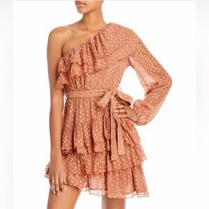 Rococo Sand Aine one-shoulder belted mini dress in tan & gold - L